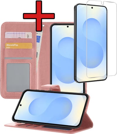 Hoesje - Met Screenprotector - Geschikt voor Samsung Galaxy S25 - Luxe Pasjeshouder - Flipcase - Bookcase Portemonee - Flip Case - Kunstleer Book Case - Book Cover - Walletcase - Portemonneehoes - Telefoonhoes - Rosé goud