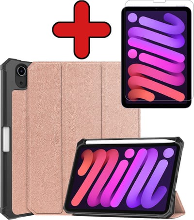Hoesje - Geschikt voor Apple iPad Mini 6 (2021) - 8.3 inch - 6e Generatie - Met Screenprotector - Trifold Bookcase Hoes - Hard Cover Case - Met Uitsparing Geschikt voor Apple Pencil - Hardcover Book - Tablethoes - Rosé goud