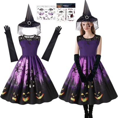Vrouwelijk heksen kostuum 5-delig voor Halloween en carnaval met hoed, handschoenen en jurk