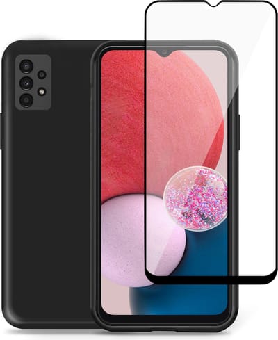 Geschikt voor Samsung A13 4G Hoesje + Screenprotector – Full Cover Gehard Glas – Suède Back Cover Case Zwart