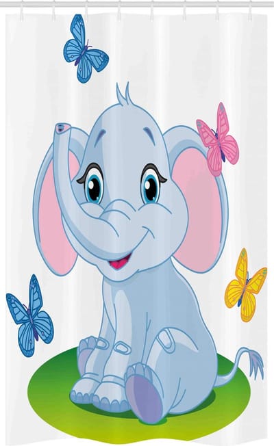 ABAKUHAUS Kleuter-Douchegordijn – Olifant op de weide – 120x180 cm – babyblauw/groen/roze