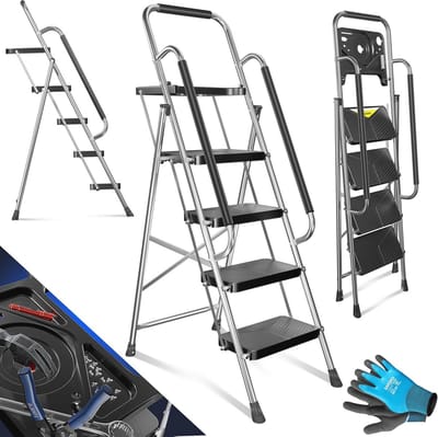 Vouwladder met 4 Treden en Leuningen - Belastbaar tot 150 kg - Antislip en Inklapbaar - Inclusief Werkhandschoenen en Gereedschapshouder