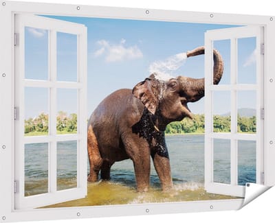 Gards Tuinposter Doorkijk Vrolijke Olifant in het Water - 180x120 cm - Tuindoek - Tuindecoratie - Wanddecoratie buiten - Tuinschilderij