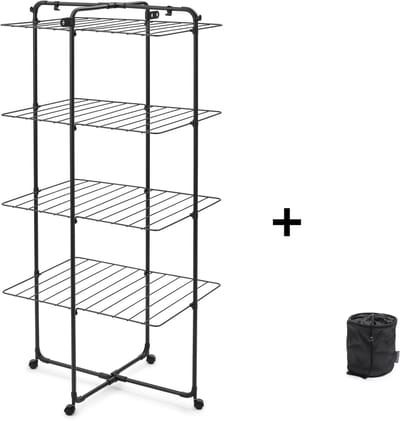 Brabantia HangOn Droogtoren - 30m - Inklapbaar wasrek - met Wasknijpertasje - Matt Black