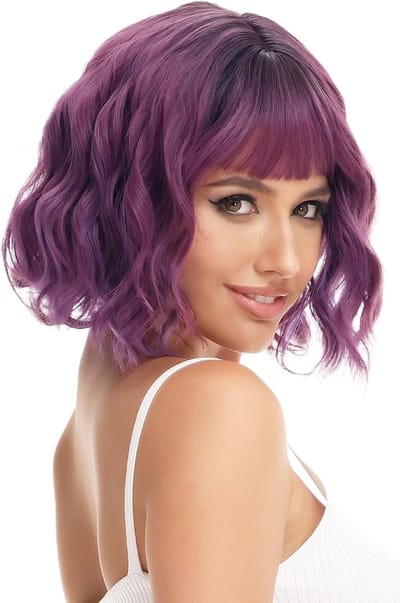 Korte Paarse Krullende Bob Peruk met Bangs van Synthetisch Haar voor Cosplay en Dagelijks Gebruik