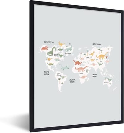 Poster in lijst - Fotolijst 30x40 cm - Posters - Kinderkamer - Wereldkaart - Dinosaurus - Posterlijst zwart - Decoratie - Wanddecoratie woonkamer - Muurdecoratie slaapkamer