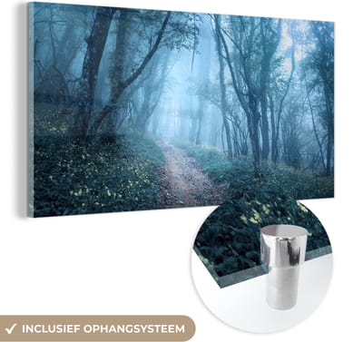 MuchoWow® Glasschilderij 40x20 cm - Schilderij acrylglas - Bomen - Natuur - Mist - Foto op glas - Schilderijen