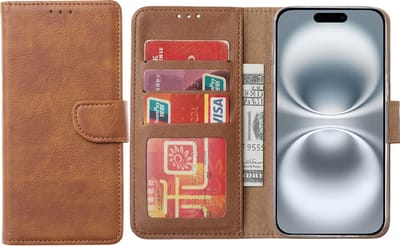 Hoesje Geschikt voor iPhone 16 Plus – Arara bookcase met pasjeshouder - Bruin