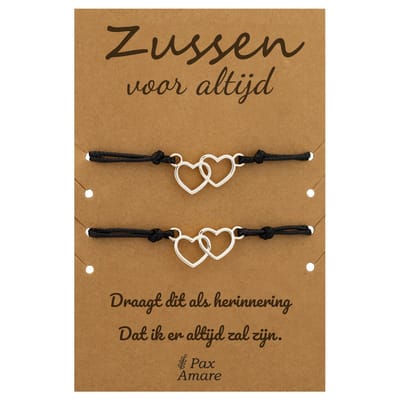 Vriendschapsarmbandjes voor 2 "Zussen voor altijd" - Verbonden Hartjes - Sisters Armbandjes met Cadeau Kaartje - Zilverkleurig - Elastisch Verstelbaar - Pax Amare