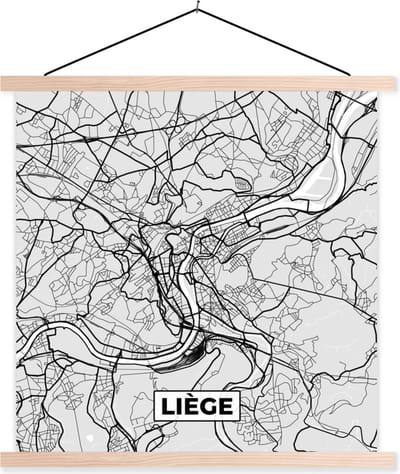 Posterhanger incl. Poster 40x40 cm - Schoolplaat - Stadskaart – Plattegrond – België – Zwart Wit – Liège – Kaart - Textielposter - Blanke latten - Stadskaart