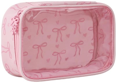 NTHProducts - Transparante Makeup Tas - Cosmetica Bag - Romantisch met Strik - Handig Formaat - Toilettas - Cadeau Idee voor Vrouwen - Roze