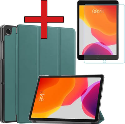 Hoesje - Geschikt voor Apple iPad 7 (2019) - 10.2 inch - 7e Generatie - Met Screenprotector - Trifold Bookcase Hoes - Hard Cover Case - Met Uitsparing Geschikt voor Apple Pencil - Hardcover Book - Tablethoes - Donkergroen