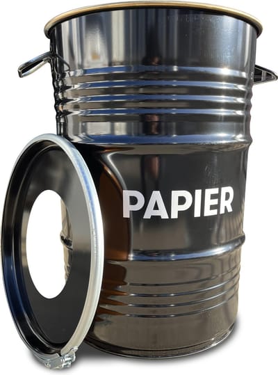 BinBin Hole Papier - Afvalscheidingsprullenbak - Zwart Metaal - Ø40x48 cm - 60L - Gatdeksel voor Papier - Industrieel Olievat