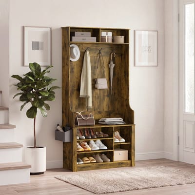 Bealife FS29 Halmeubel - Garderobekast met Kapstok en Schoenenkast - 1 zitbank, 4 haken en 9 opbergruimtes –183×90×30cm– Naturel