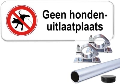 Bord Geen hondenuitlaatplaats - Weerbestendig Aluminium - 40x15 cm - Bevestiging: Met paal 120 cm + paalbeugels + paaldop