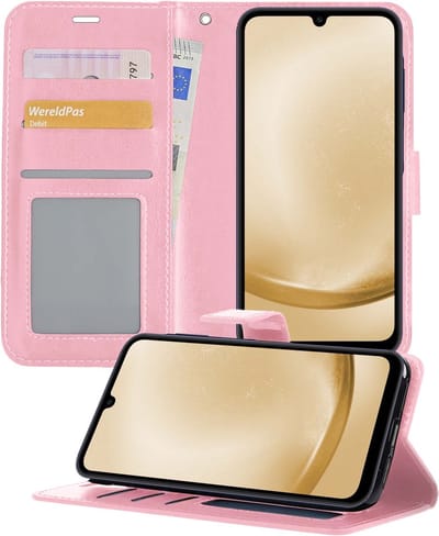 Hoesje - Met Pasjeshouder - Geschikt voor Samsung Galaxy A25 - Luxe Bookcase Portemonee - Flip Case - Kunstleer Book Case - Flipcase - Book Cover - Walletcase - Portemonneehoes - Telefoonhoesjes - Lichtroze