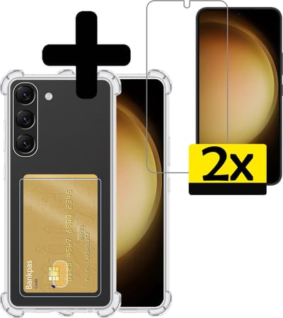 Hoesje - Geschikt voor Samsung Galaxy S23 - Met 2x Screenprotector - Pashouder - Kaarthouder - Telefoon Hoes Shockproof - Siliconen Case - Back Cover - Shock Proof - Pasjes Houder - Telefoonhoesjes - Transparant