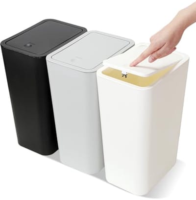 Set van 3 mini-vuilnisemmers met pop-up deksel voor badkamer, 10 l - Moderne afvalemmers voor slaapkamer, woonkamer, keuken, toilet en kantoor
