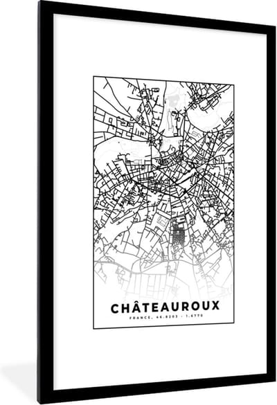 Fotolijst incl. Poster Zwart Wit- Frankrijk – Châteauroux - Plattegrond – Stadskaart – Kaart - Zwart wit - 80x120 cm - Posterlijst