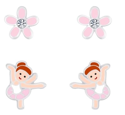 Joy|S - Zilveren oorbellen set - 2 paar - bloem - ballerina danseres oorknoppen