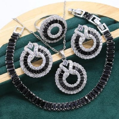 Zilveren Sieradenset Voor Vrouwen Bruiloft Luxe Zwarte Kristal Armband Oorbellen Ketting Hanger Ring Verjaardag Kerstcadeau 8 gray