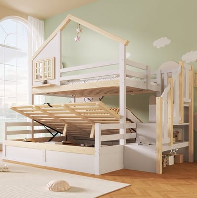MIVRAY Stapelbed 90x200 en 140x200 cm - Huisbed met Hydraulische Opbergruimte en Trap - Met Uitvalbeveiliging Zonder Matras - Hout en MDF - Wit en Naturel