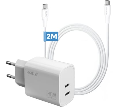 Phreeze usb C oplader 40w met usb C naar usb C kabel 2 meter - Power Delivery charger met 2 poorten - Geschikt voor telefoon tablet en laptop