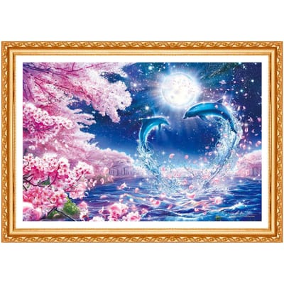Peinture diamant thème  Couple dauphin , perceuse ronde complète 5D, à faire soi-même, broderie 3D, point de croix, décoration d'intérieur 20X30CM blue