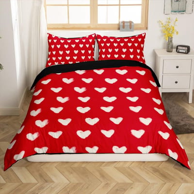 3-delige Beddengoedset met Ritssluiting Rood Hart Dekbedovertrek Queen Liefde Hart Patroon Wit Dekbedovertrek Set Schattige Print AU Single(140x210cm)