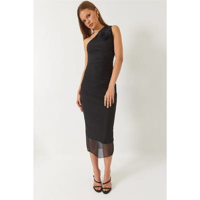 Asymmetrische Kraag Midi-Jurk met Strik