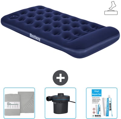 Bestway luchtbed - 1-Persoons - 99 x 188 x 28 cm - Blauw - Inclusief pomp - Hoeslaken - Pomp en Reparatieset
