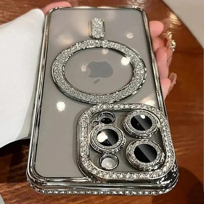 Zachte Magnetische Draadloze Opladen Diamant Telefoonhoes Voor iPhone 11 12 13 14 15 16 Pro Max Plus Glitter Magsafe Bumper Achterkant For iPhone 14 Pro Max