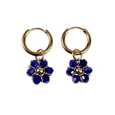 ∅14mm x 2mm Oorringen Dames - Verguld RVS - Marineblauwe Gefacetteerde Kristallen Bloem Hanger - Bungelende Oorbellen