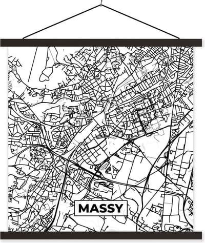 Posterhanger incl. Poster 60x60 cm - Schoolplaat - Plattegrond - Kaart - Massy - Frankrijk - Stadskaart - Zwart wit - Textielposter - Zwarte latten - Stadskaart
