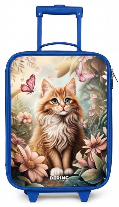 NoBoringSuitcases.com® - Kinderkoffer blauw - Kindertrolley jongen - Kat in bloemenveld met roze vlinders. - Koffer kind lichtgewicht - Reiskoffer trolley voor kinderen - Koffertje met lichtgevende wieltjes - Rolkoffer