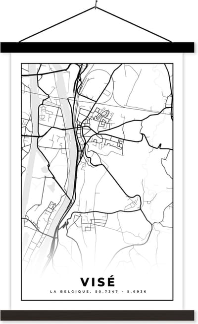 Posterhanger incl. Poster 40x60 cm - Schoolplaat - België – Visé – Stadskaart – Kaart – Zwart Wit – Plattegrond - Textielposter - Zwarte latten - Stadskaart