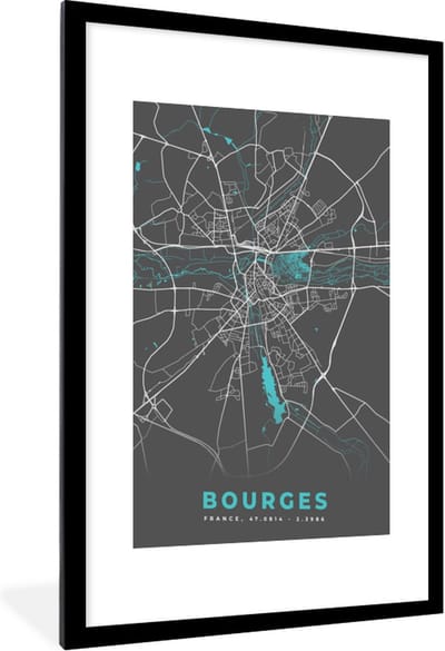 Fotolijst incl. Poster - Bourges - Frankrijk - Stadskaart - Kaart - Plattegrond - 60x90 cm - Posterlijst