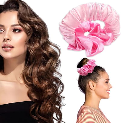 Zachte Krullen Scrunchie voor 's Nachts, Roze Satijnen Haarbanden voor Hittevrije Locken - Set van 3