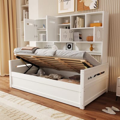 OKWISH Bedbank 90x200cm – Hydraulisch Opbergbed Met Hoofdbordkasten En Vakken – Eenpersoons Jeugdbed – Houten Bedframe | Zonder matras – Wit