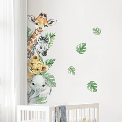 Famanu – Animal Wall Stickers Dieren Wandstickers Giraf Zebra Olifant Groene Bladeren Wanddecoratie voor Kinderen Slaapkamer Speelkamer Kleuterschool