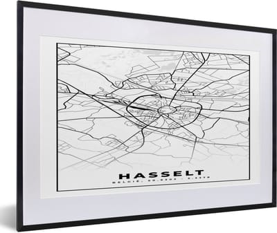 Fotolijst incl. Poster Zwart Wit- Stadskaart – Plattegrond – België – Zwart Wit – Hasselt – Kaart - 60x40 cm - Posterlijst
