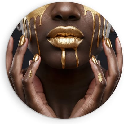 Saammp - Muurcirkel Hout - Vrouw met goude lippen - abstract - Ø 90 - Wandcirkel - Wanddecoratie Cirkel - Muurdecoratie Woonkamer - Slaapkamer decoratie - Rond Schilderij