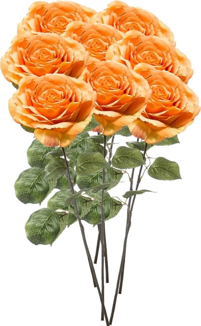 Emerald Kunstbloemen boeket Roos Laurie - 8x - 57 cm - oranje - Kunst zijdebloemen