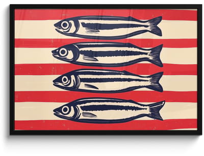 Poster in lijst - Fotolijst 90x60 cm - Posters - Sardines - Rood en beige strepen - Posterlijst zwart - Decoratie - Wanddecoratie woonkamer - Muurdecoratie slaapkamer