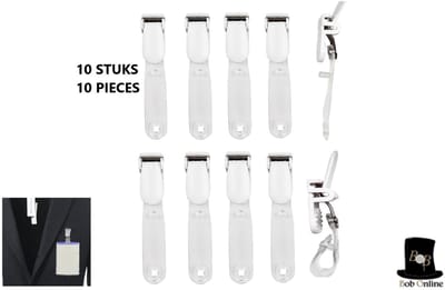 Bob Online TM – 10 Stuks – Gebroken Wit - Naambadge Klemmen – Naambadge Lussen – ID Kaart Bretel Klemmen – Naambadge Suspenders Klemmen – ABS & Vinyl – Duurzame & Herbruikbare ID Badge Krokodil Klemmen – 10 Pcs Name Badge Straps