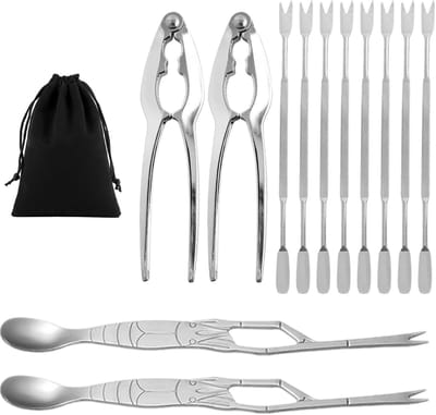 Dailygoods- Krabset 12-delig - Krabgereedschap - Krabklauwklemmen - Krabnaalden - Krablepels - Opbergtas zwart - Zeevruchten Gereedschap