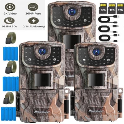 Wildcamera met Nachtzicht - Wildlife Camera - 36MP - IP66 Waterproof - Incl. 32GB SD-kaart - Geschikt Voor het Monitoren van Wilde Dieren - Geschikt Voor Buiten - 3PCS