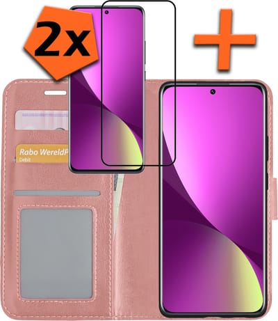 Hoes - Met 2x Screenprotector - Geschikt voor Xiaomi 12 - Luxe Pasjeshouder - Bookcase Portemonee - Flip Case - Kunstleer Book Case - Flipcase Hoes - Book Cover - Walletcase - PortemonneeHoes - Rosé goud