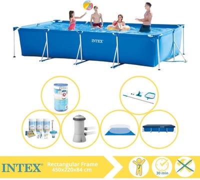 Intex Rechthoekig Frame Zwembad - 450 x 220 x 84 cm - Blauw - Inclusief Afdekzeil - Onderhoudspakket - Zwembadfilterpomp - Filter - Grondzeil - Schoonmaakset - 7-delig