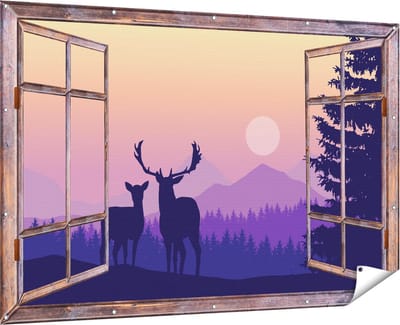 Gards Tuinposter Doorkijk Twee Herten - Zonsondergang - Silhouet - 180x120 cm - Tuindoek - Tuindecoratie - Wanddecoratie buiten - Tuinschilderij
